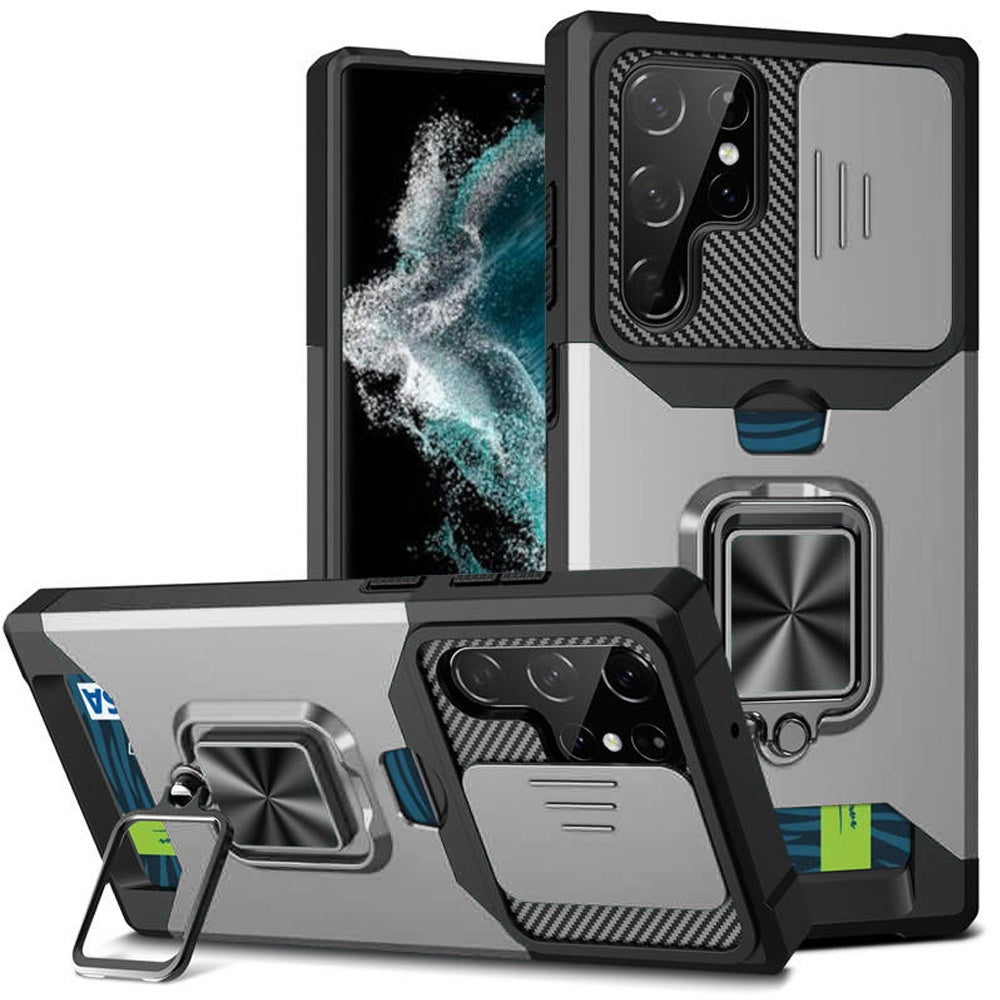 For Apple iPhone 16e Wallet Case with Ring Stand & Slide Camera Cover Back Credit Card Slot Holder, Military Grade Case Cover Silver