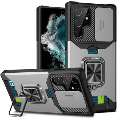 For Apple iPhone 16e Wallet Case with Ring Stand & Slide Camera Cover Back Credit Card Slot Holder, Military Grade Case Cover Silver