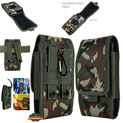 For Apple iPhone 16 Plus (6.7") Universal Vertical Pouch Case Camouflage Cell Phone Holster with Belt Clip Loop, Carabiner & Credit Card Slot Cover [Camo Green]
