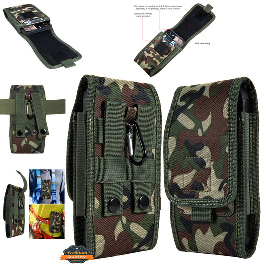 For Apple iPhone 16 Plus (6.7") Universal Vertical Pouch Case Camouflage Cell Phone Holster with Belt Clip Loop, Carabiner & Credit Card Slot Cover [Camo Green]