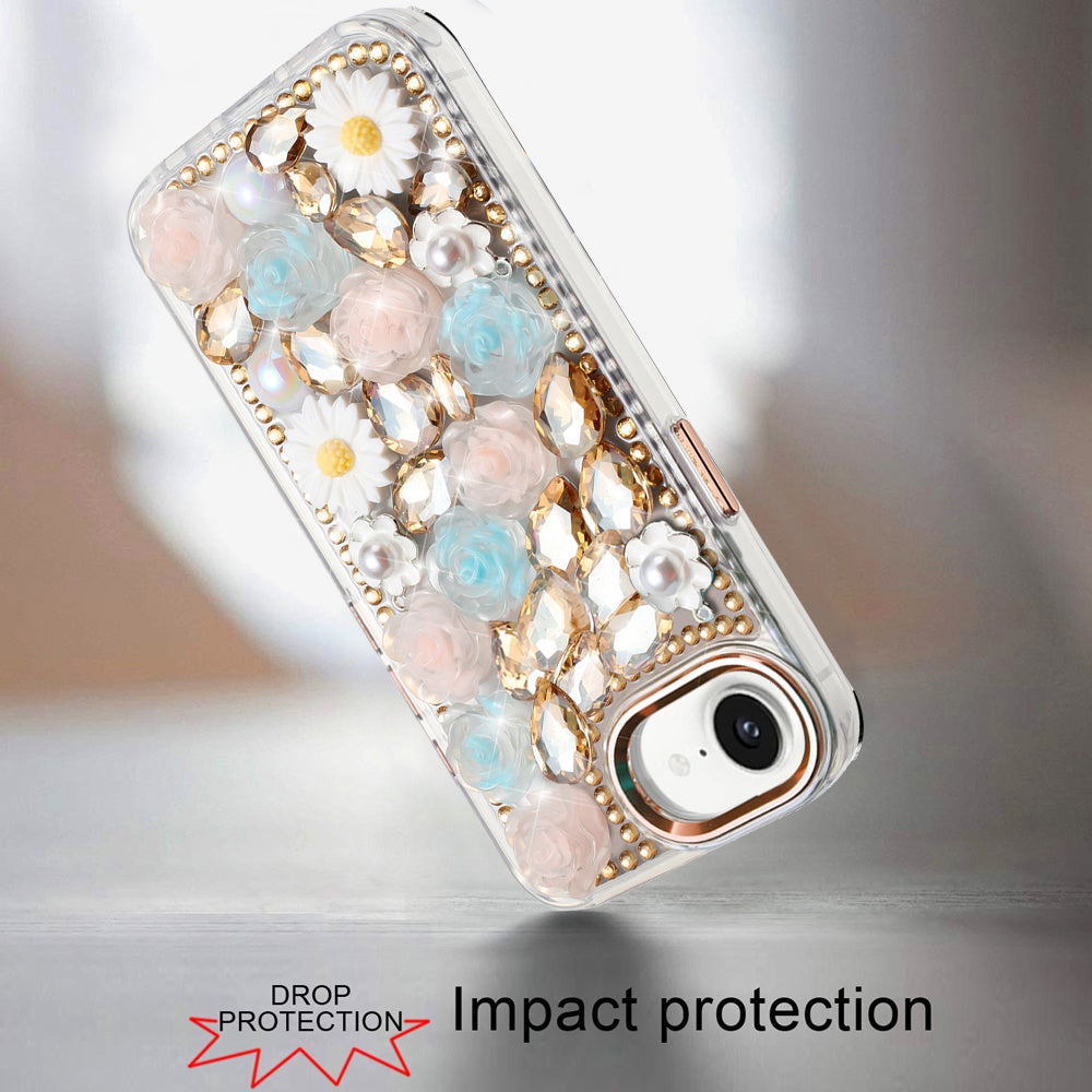 For Apple iPhone 16e Fashion Daisy Floral Series, Full 3D Bling Crystal Diamonds Sparkling Rhinestone Glitter Hybrid Design Case Cover