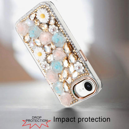For Apple iPhone 16e Fashion Daisy Floral Series, Full 3D Bling Crystal Diamonds Sparkling Rhinestone Glitter Hybrid Design Case Cover