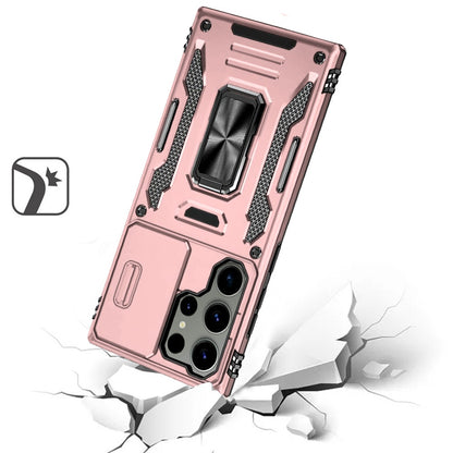 For Apple iPhone 16e Tough Hybrid Case with Movable Camera Window & Metal Ring Stand Shockproof Case Cover Rose gold