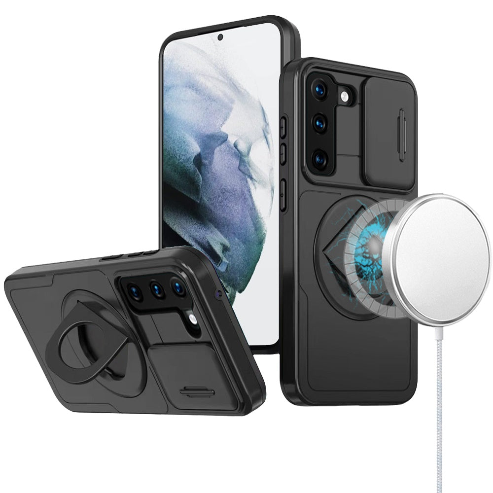 For Samsung Galaxy S22 Full Coverage with Camera Window, Magnetic Circle, Rotatable Ring Stand, MagSafe Compatible, Shockproof Hybrid Protectiv Case Cover