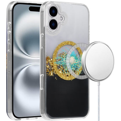 For Apple iPhone 16 (6.1") Premium Transparent Epoxy Glitter Bling Magnetic Circle Compatible with MagSafe Hybrid Sparkle Slim TPU Case Cover