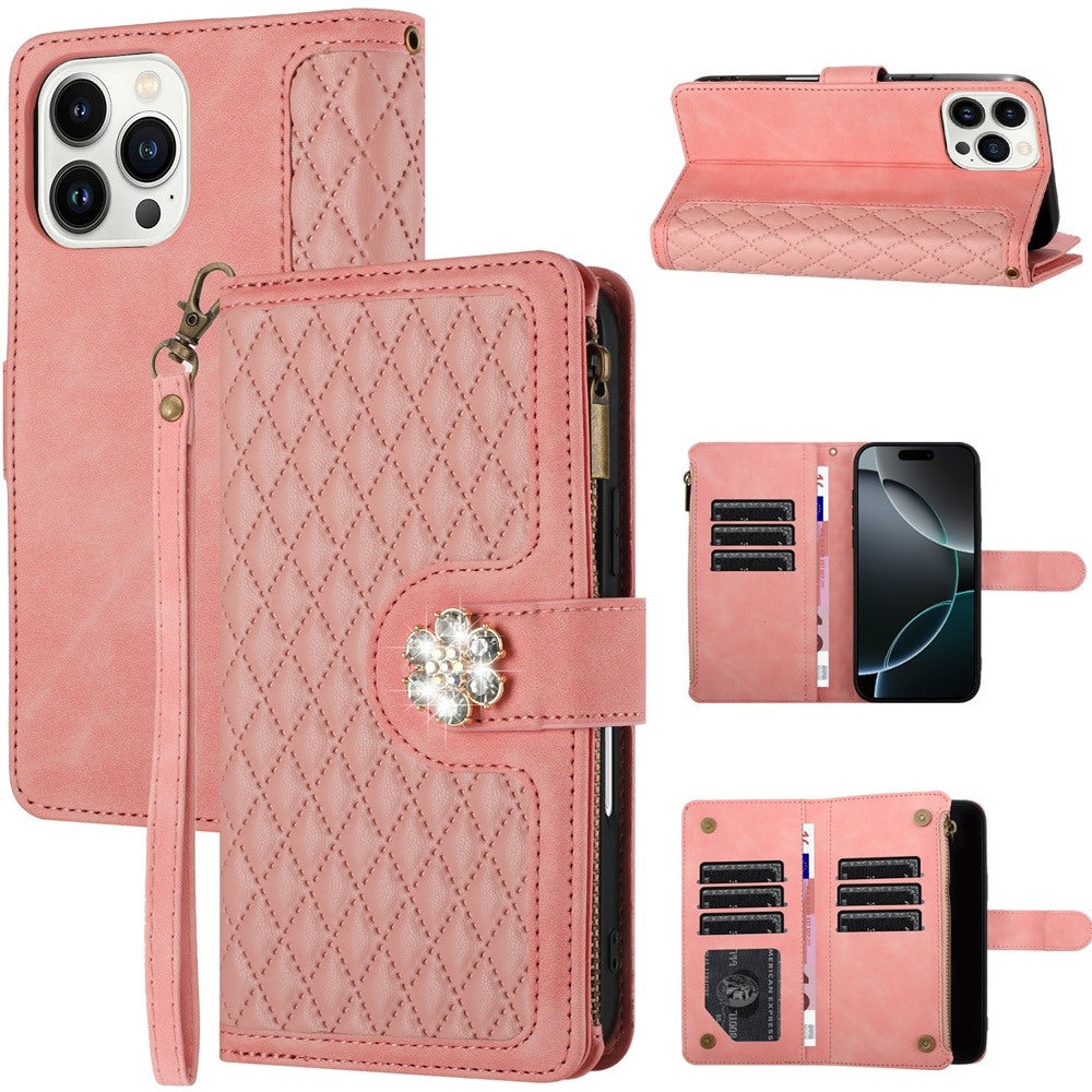 For Apple iPhone 16 Pro Max (6.9") PU Leather Wallet Design Jewel Bling with Credit Card Holder Flip Folio Pouch Zipper Purse Wrist Strap Case Cover