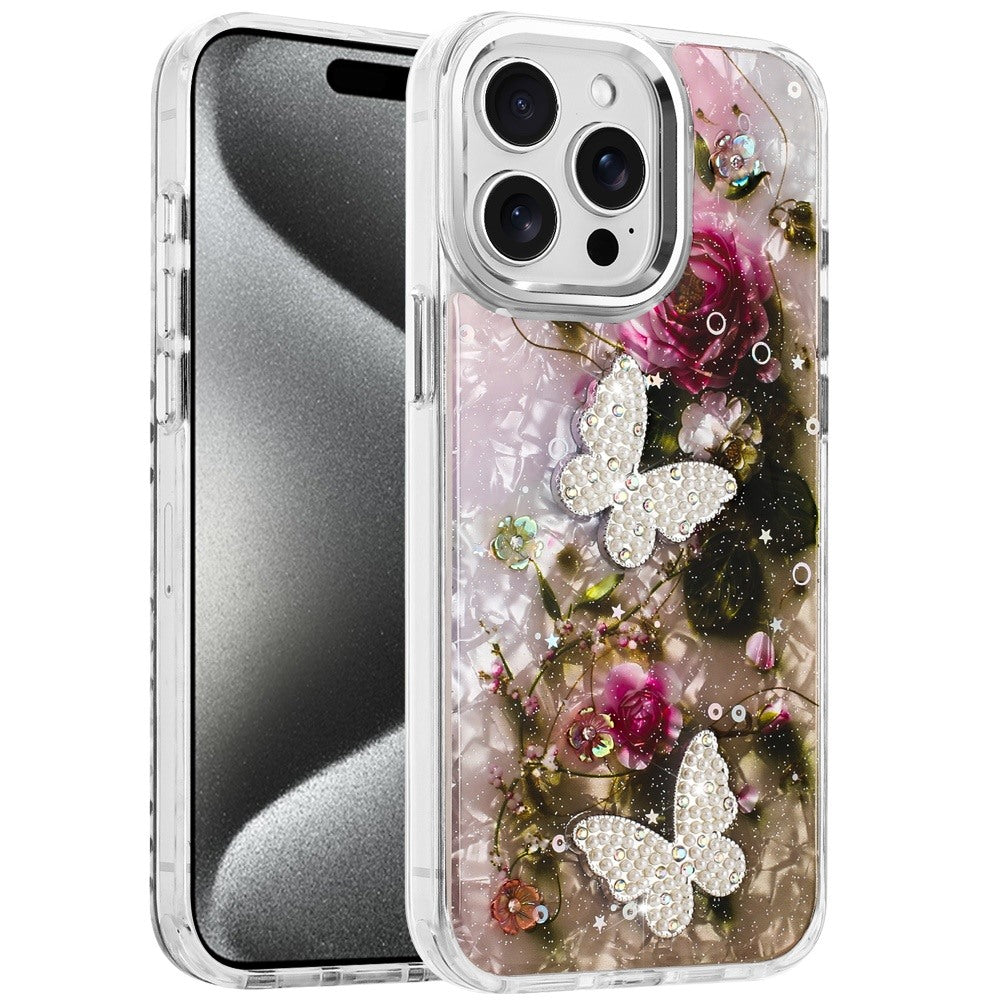 For Apple iPhone 13 Pro Max Epoxy Glitter Flowers Bling 3D Butterfly Fashion TPU Hybrid with Shockproof Protection Case Cover