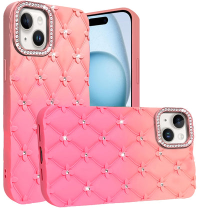 For Apple iPhone 16 (6.1") Fashion Flower Design Sparkle Glitter Shimmer Rhinestone Bling Leather Feel Thick TPU Rubber Hard PC Case Cover