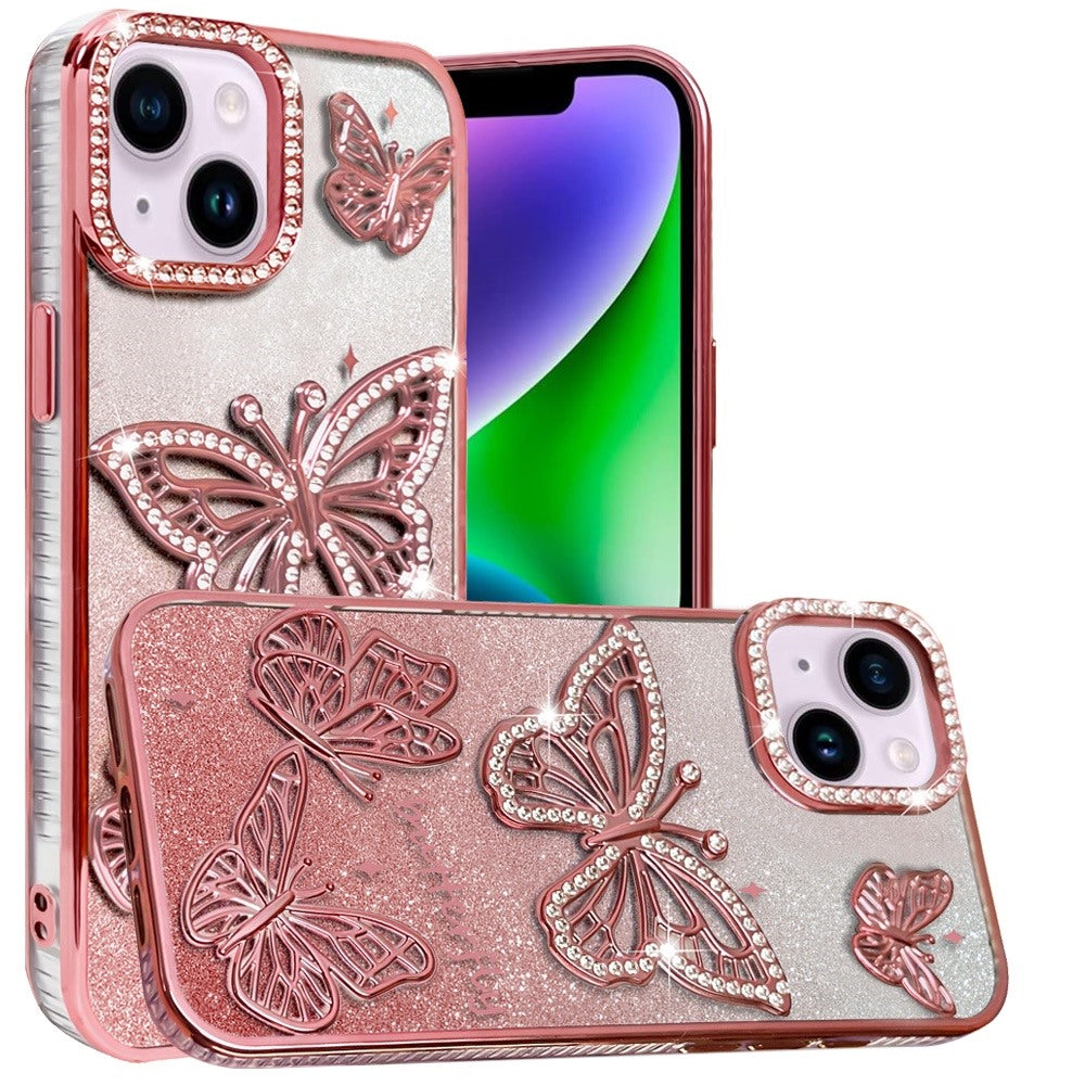 For Apple iPhone 16e Luxury Butterfly Sparkle Glitter Diamond Crystal Rhinestone Shimmer Bling Plating Thick TPU Hard PC Case Cover