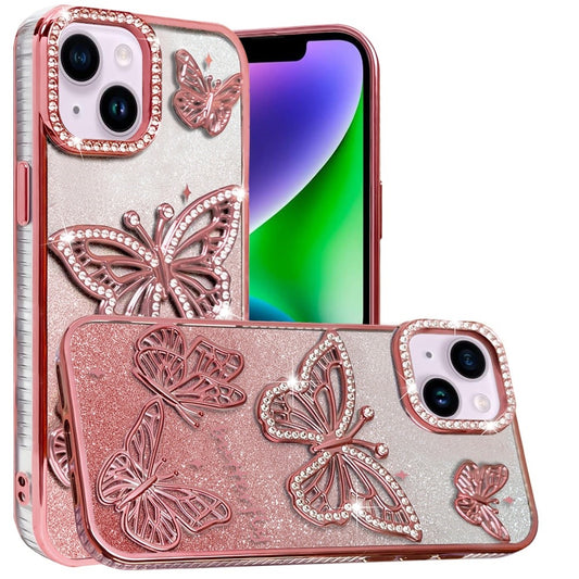 For Apple iPhone 14 /iPhone 13 (6.1") Luxury Butterfly Sparkle Glitter Diamond Crystal Rhinestone Shimmer Bling Plating Thick TPU Hard PC Case Cover
