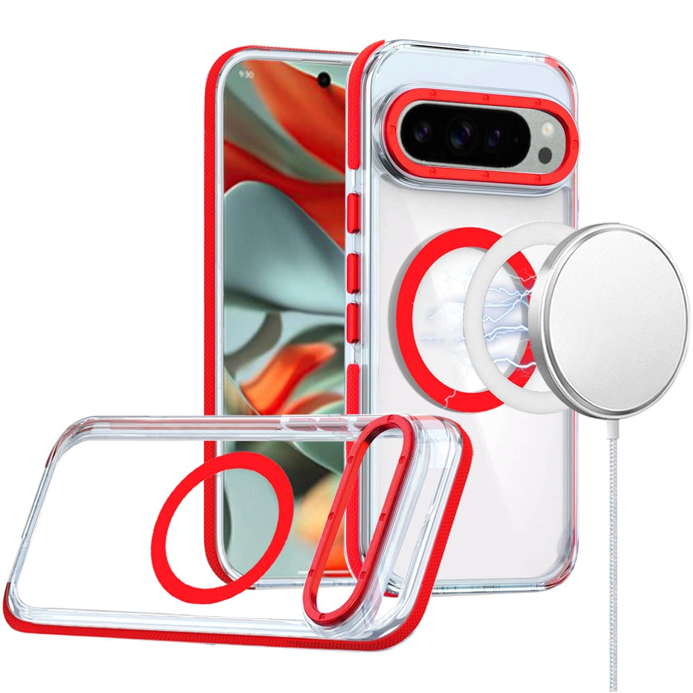 For Google Pixel 9 Pro (6.3 inch) Transparent back with Colorful Frame Strong Magnetic Circle [Compatible with Magsafe] Shockproof Case Cover
