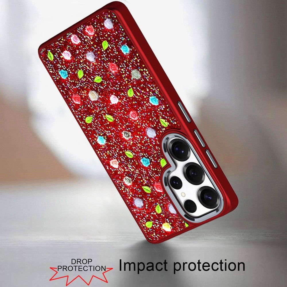 For Apple iPhone 15 Floral Design Embedded Glass Diamond Fancy Fashion Glitter Bling Sparkly Hybrid Rugged TPU Bumper Case Cover Red