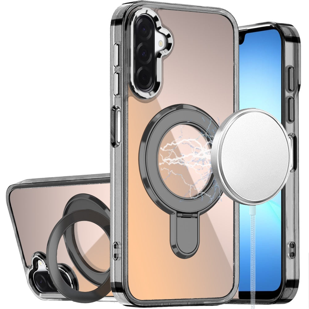 For Samsung Galaxy A17 5G Chrome Hybrid with Rotating Magnetic Circle Ring Stand, Slim Shockproof Hybrid Case Cover