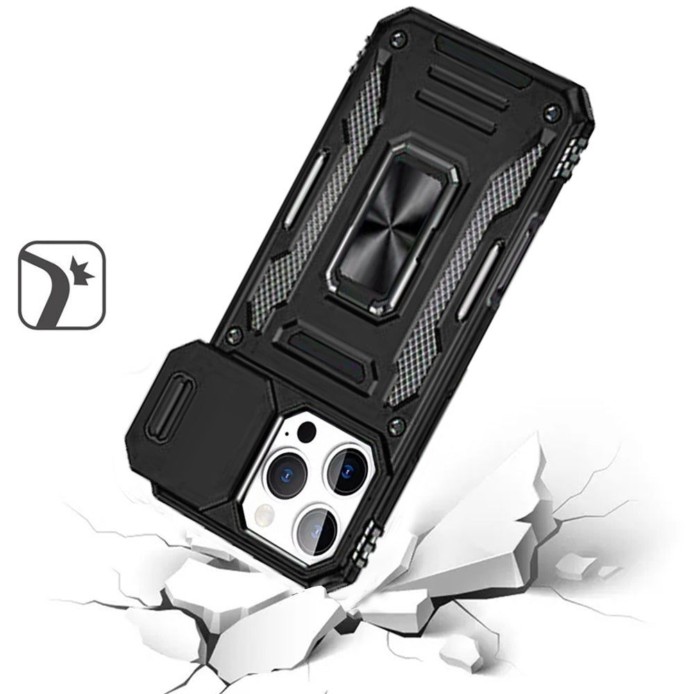 For Samsung Galaxy A32 5G Tough Hybrid Case with Movable Camera Window & Metal Ring Stand Shockproof Case Cover Black