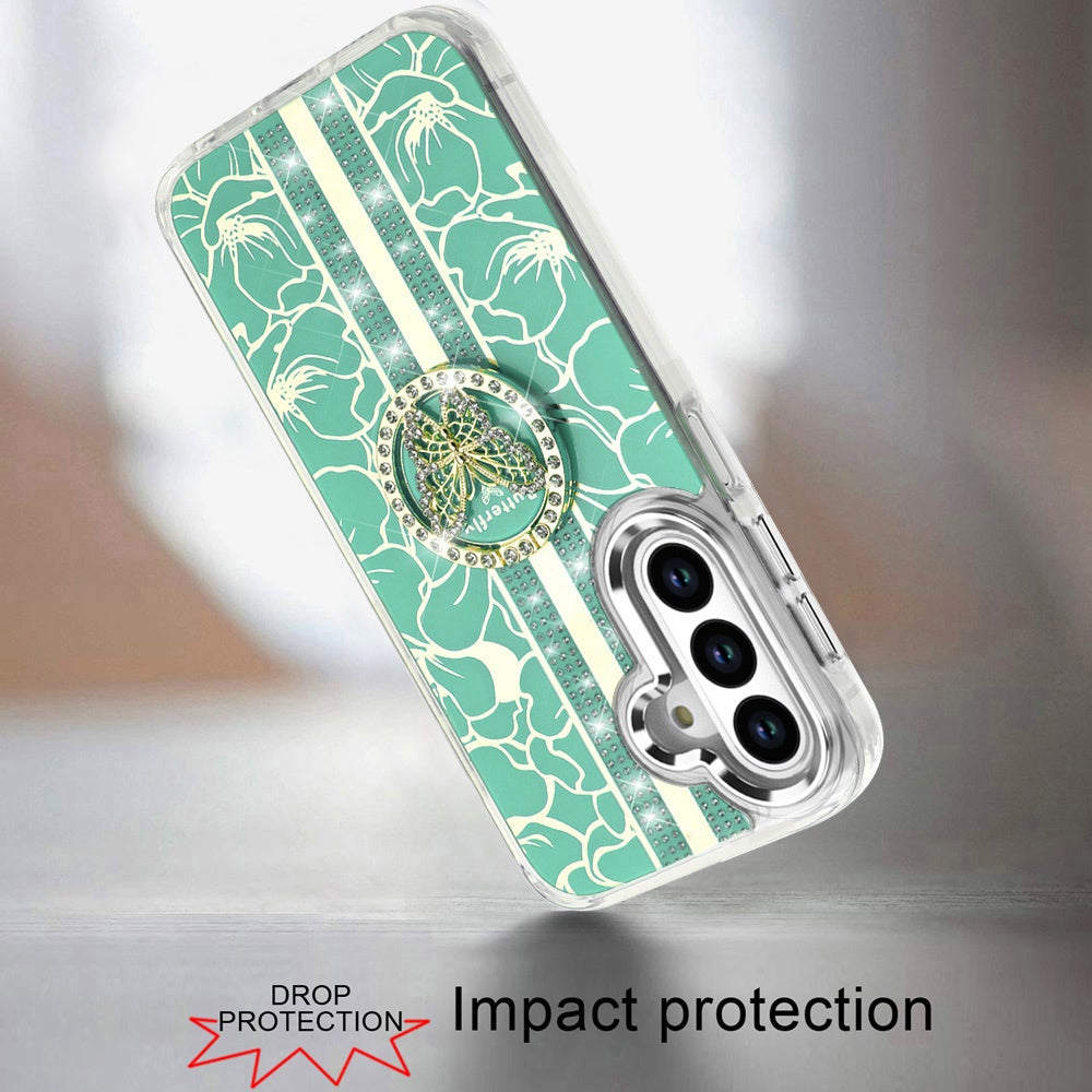 For Samsung Galaxy S25 Fan Edition /Galaxy S25 FE Diamonds 3D Butterfly Floral Design Bling Sparkly Glitter Hybrid Metal Fashion with Ring Stand Case Cover