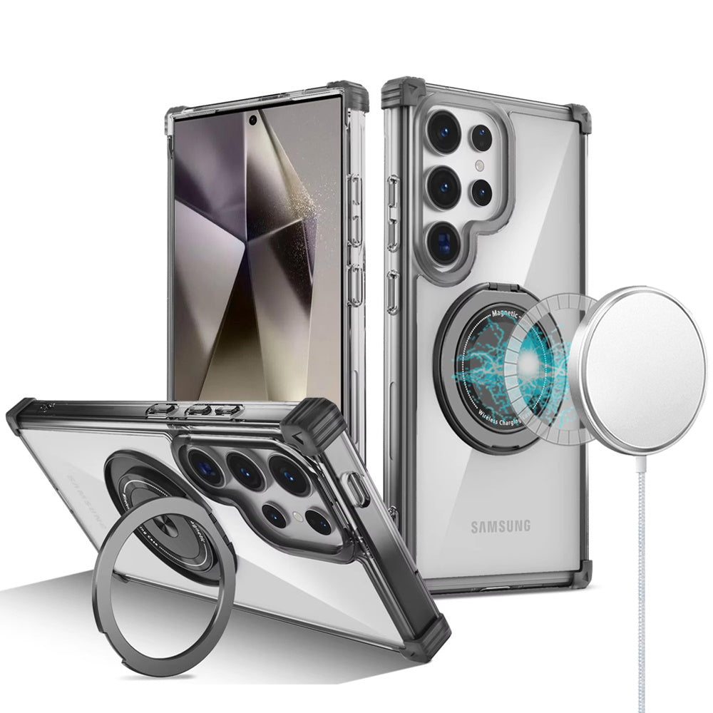 For Samsung Galaxy S25 Ultra Shield Magnetic Case [Compatible with MagSafe], 360° Rotatable Invisible Ring Stand, Transparent Back Case Cover