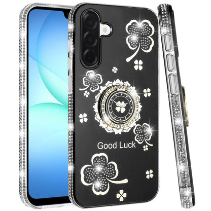 For Samsung Galaxy A17 5G Diamonds Bling All Around Edges Sparkly Glitter Hybrid with Ring Stand Holder Fashion Good Luck Case Cover