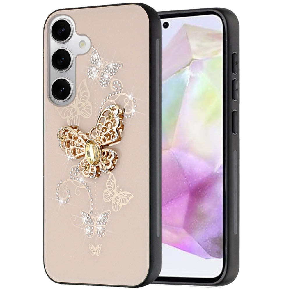 For Apple iPhone 16e Diamonds 3D Butterfly Bling Sparkly Glitter Ornaments Engraving Hybrid Metal Fashion Case Cover Gold Garden Butterflies