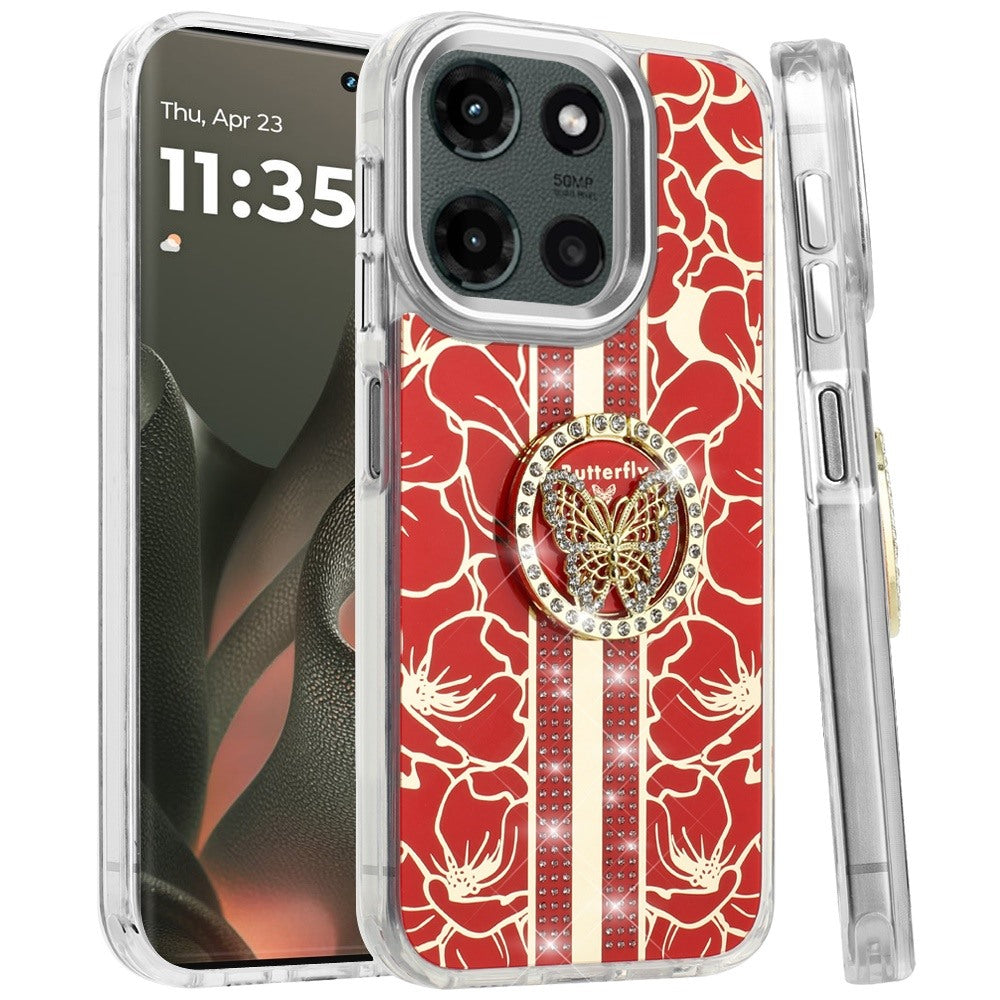 For Motorola Edge 2025 Diamonds 3D Butterfly Floral Design Bling Sparkly Glitter Hybrid Metal Fashion with Ring Stand Case Cover