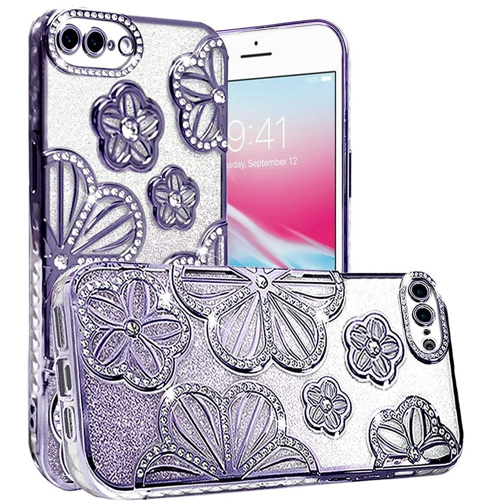 For Apple iPhone SE 3 (2022) SE/8/7 Luxury Floral Design Sparkle Glitter Diamond Crystal Rhinestone Shimmer Bling Plating Thick TPU Hard PC Case Cover