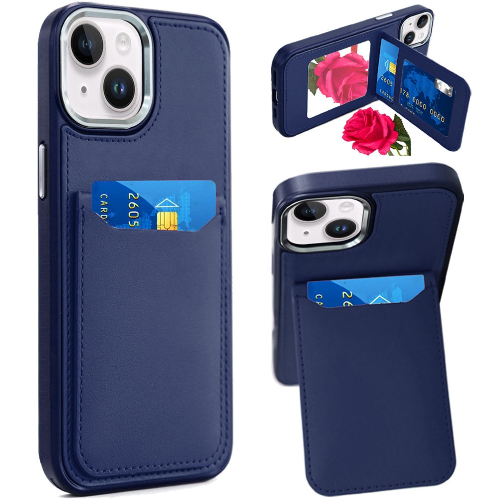 For Apple iPhone 14 Plus PU Leather Wallet Cover with Credit Card Holder, Kickstand & Mirror Inside Slim Fit TPU & PC Hybrid Design Case Cover