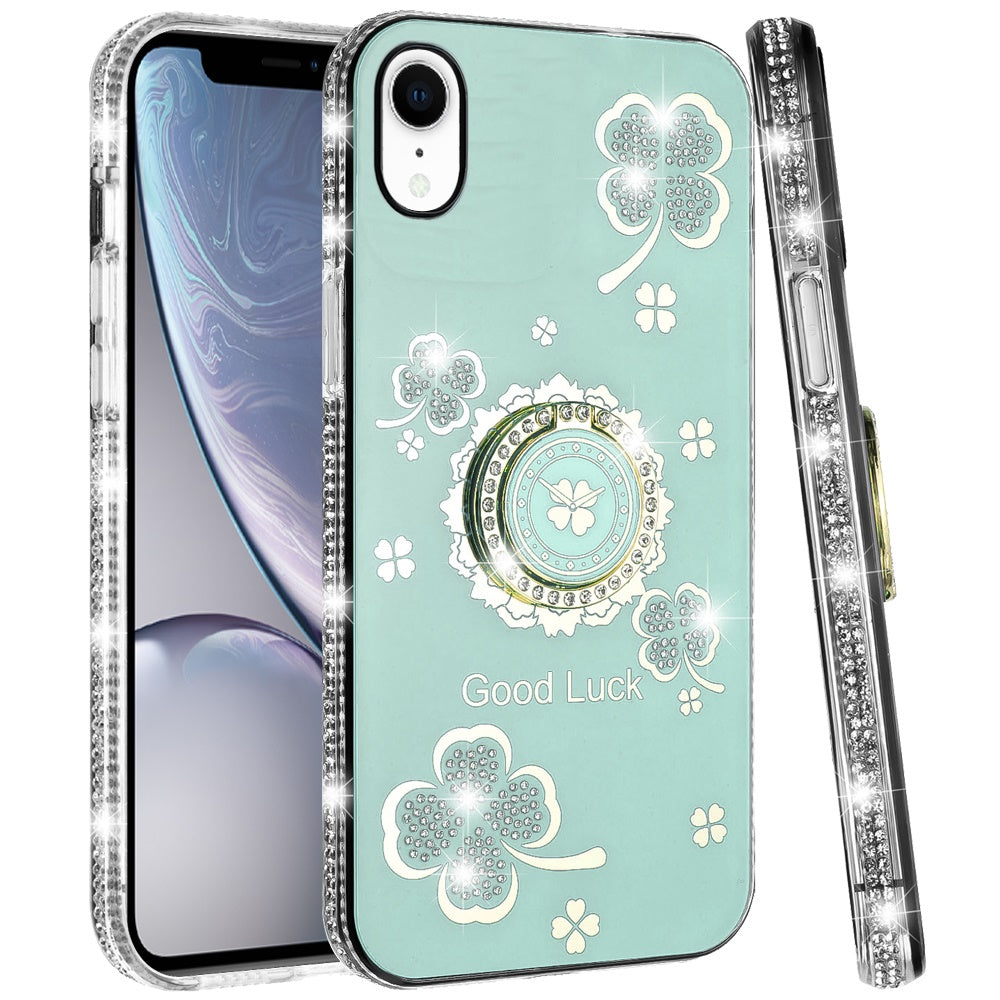 For Apple iPhone XR Diamonds Bling All Around Edges Sparkly Glitter Hybrid Ring Stand Holder Fashion Good Luck Case Cover