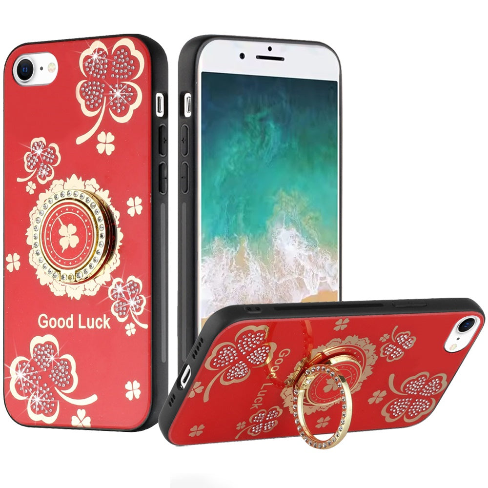 For Apple iPhone SE 4 Diamonds 3D Fashion Floral Bling Sparkly Glitter Ornaments Engraving Hybrid with Ring Stand Case Cover Red Good Luck Floral