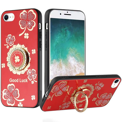 For Apple iPhone SE 4 Diamonds 3D Fashion Floral Bling Sparkly Glitter Ornaments Engraving Hybrid with Ring Stand Case Cover Red Good Luck Floral