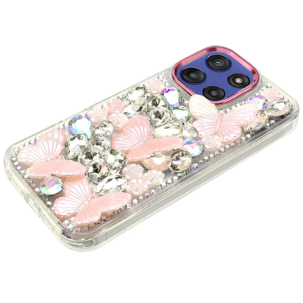 For Motorola Moto G 5G 2025 3D Diamond Floral Butterfly Bling Stone Hybrid, Sparkly Rhinestone Gemstone Back Shockproof Case Cover