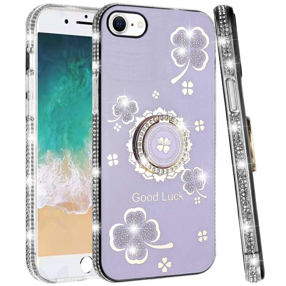 For Apple iPhone 16e Diamonds Bling All Around Edges Sparkly Glitter Hybrid with Ring Stand Holder Fashion Good Luck Case Cover