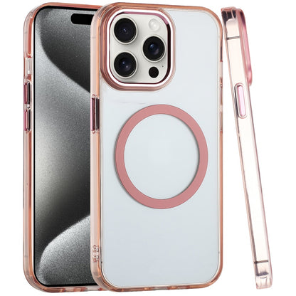 For Apple iPhone 14 Pro Max Transparent Back Hybrid Case - Magnetic Circle, Color Frame, Metal Buttons, MagSafe Compatible Case Cover