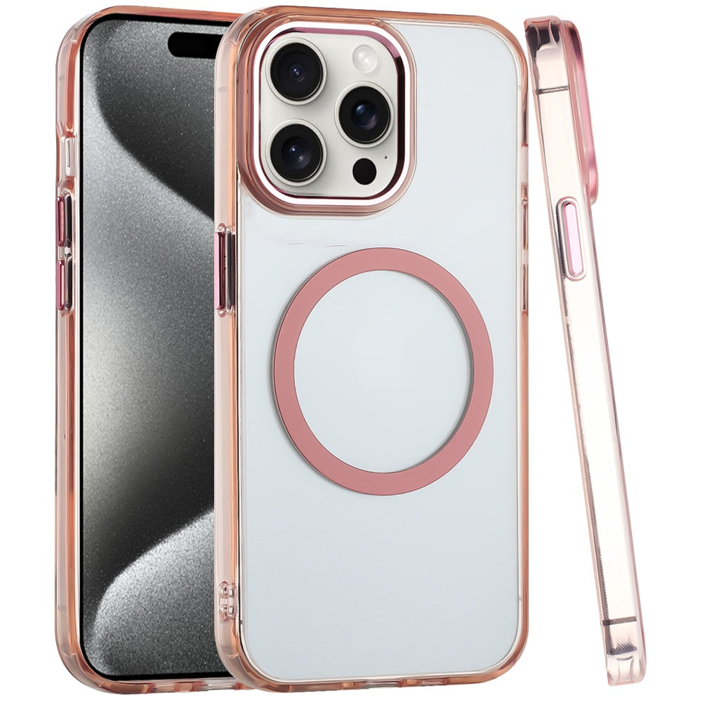 For Apple iPhone 15 Pro Max Transparent Back Hybrid Case - Magnetic Circle, Color Frame, Metal Buttons, MagSafe Compatible Case Cover
