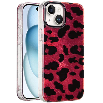 For Apple iPhone 15 Glitter Leopard, Fashion Design Animal Skin Print Slim IMD TPU Dual Layer Shockproof Protective Case Cover