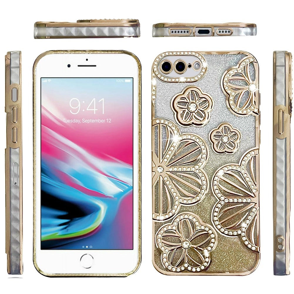 For Apple iPhone SE 3 (2022) SE/8/7 Luxury Floral Design Sparkle Glitter Diamond Crystal Rhinestone Shimmer Bling Plating Thick TPU Hard PC Case Cover