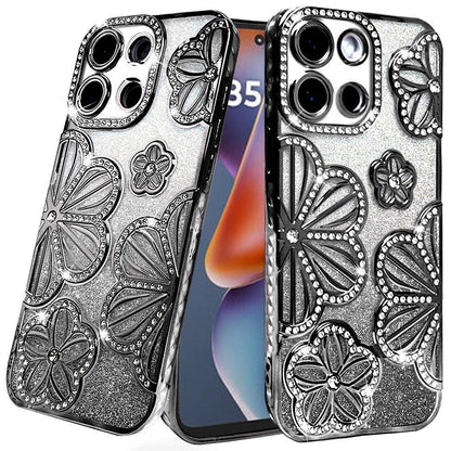 For Samsung Galaxy A16 Luxury Flower Design Sparkle Glitter Diamond Rhinestone Shimmer Bling Plating Thick TPU Hard PC Case Cover