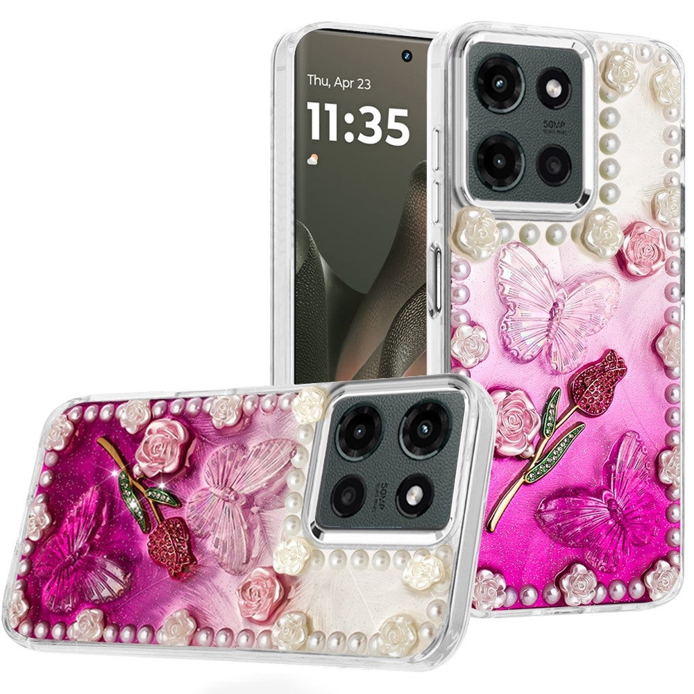 For Motorola Moto G Power 5G 2025 Bling Fashion Design with 3D Pearls Epoxy Glitter Ornaments Chrome Edge Hard Slim PC Case Cover