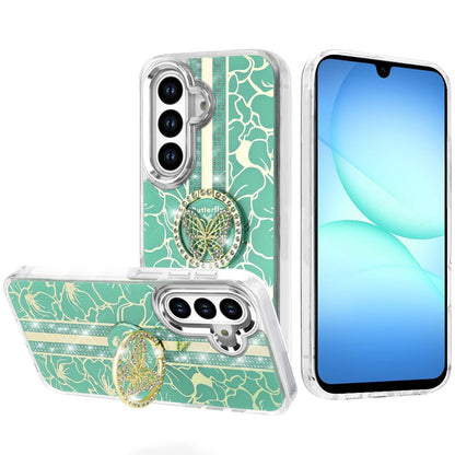 For Samsung Galaxy A17 5G Diamonds 3D Butterfly Floral Design Bling Sparkly Glitter Hybrid Metal Fashion with Ring Stand Case Cover