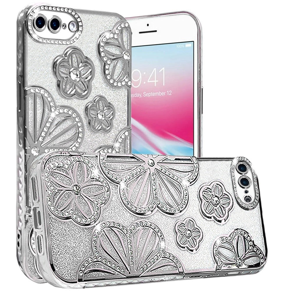For Apple iPhone SE 3 (2022) SE/8/7 Luxury Floral Design Sparkle Glitter Diamond Crystal Rhinestone Shimmer Bling Plating Thick TPU Hard PC Case Cover