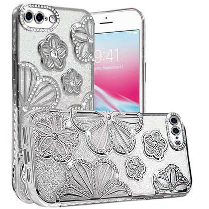 For Apple iPhone SE 3 (2022) SE/8/7 Luxury Floral Design Sparkle Glitter Diamond Crystal Rhinestone Shimmer Bling Plating Thick TPU Hard PC Case Cover