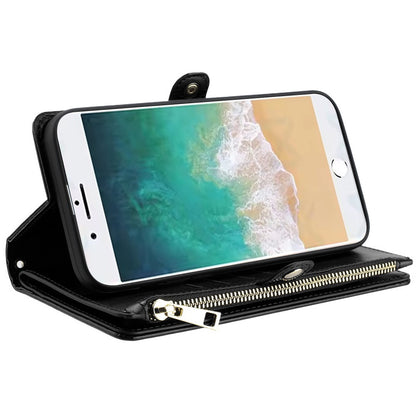 For Apple iPhone SE 4 Wallet Purse Stylish Design with Credit Card & ID Slots, Durable Zipper Storage, Adjustable Lanyard Case Cover Black