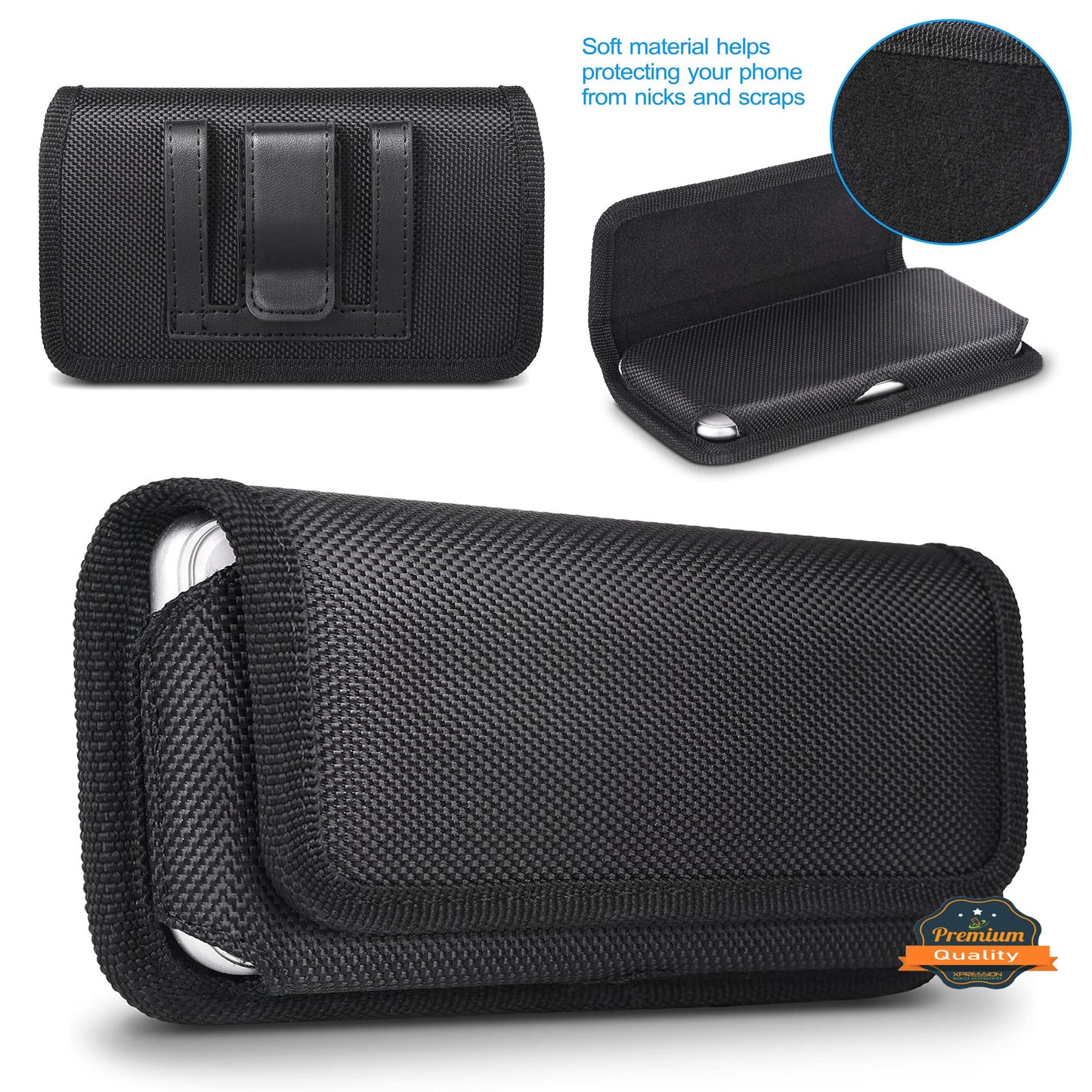 For Apple iPhone 16 (6.1") Nylon Canvas Fabric Waist Belt Holster Horizontal Pouch Holds Large Phone Works with Thick Cases Universal Cover [Black]