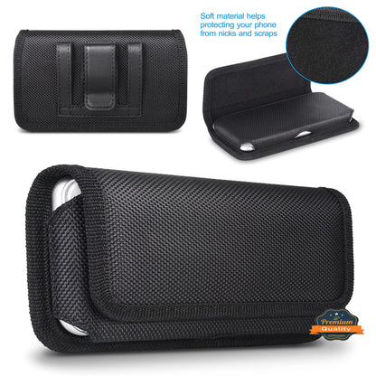 For Apple iPhone 16 (6.1") Nylon Canvas Fabric Waist Belt Holster Horizontal Pouch Holds Large Phone Works with Thick Cases Universal Cover [Black]