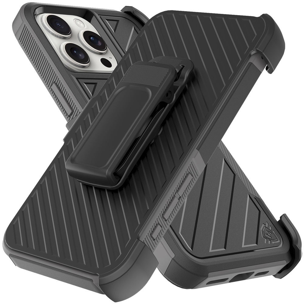 For Apple iPhone 16 Pro (6.3") Combo Hybrid lined with Belt Clip Holster Armor Shockproof Rugged Textured 2in1 Non Slip Tough Case Cover Black / Gray