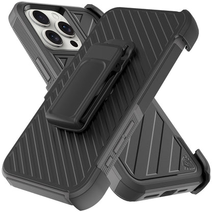 For Apple iPhone 16 Pro (6.3") Combo Hybrid lined with Belt Clip Holster Armor Shockproof Rugged Textured 2in1 Non Slip Tough Case Cover Black / Gray