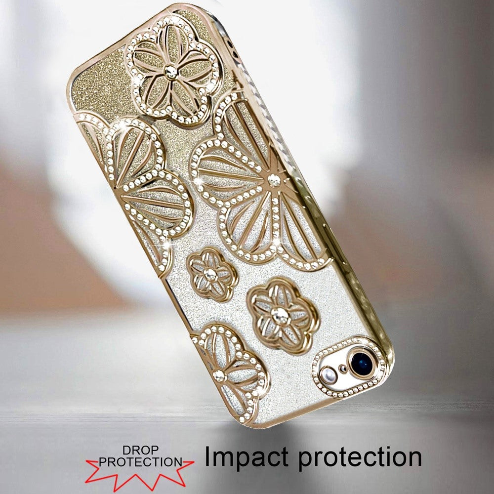 For Apple iPhone 16e Luxury Flower Design Sparkle Glitter Diamond Rhinestone Shimmer Bling Plating Thick TPU Hard PC Case Cover