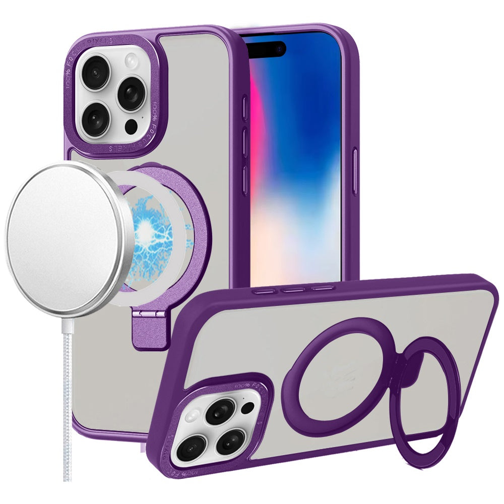 For Apple iPhone 16 Pro (6.3") Magnetic Metal Matte Built-in Compatible with MagSafe Stand Hybrid Shock Armor TPU Case Cover Purple