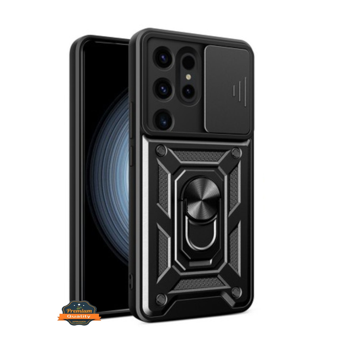 For Gabb Phone 4 Pro Hybrid Shockproof, Built-in Sliding Camera Lens Protection with Magnetic Finger Ring Stand Holder Case Cover Black