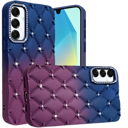 For Samsung Galaxy A16 5G Fashion Flower Design Sparkle Glitter Shimmer Rhinestone Bling Floral Accents, Leather Texture TPU Case Cover