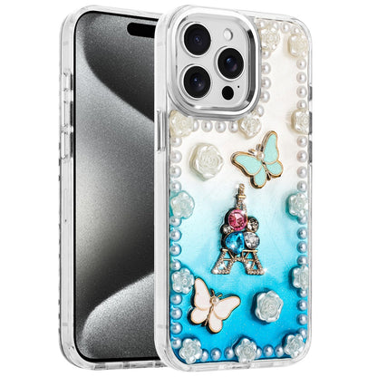 For Apple iPhone 16 Pro Max Bling Fashion Design with 3D Pearls Epoxy Glitter Ornaments Chrome Edge Hard Slim PC Case Cover
