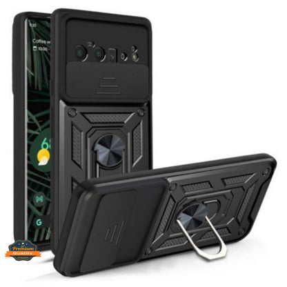 For Google Pixel 9 /9 Pro (6.3") Built in Sliding Camera Lens Protection & Finger Ring Stand Holder Hybrid TPU PC Shockproof Case Cover